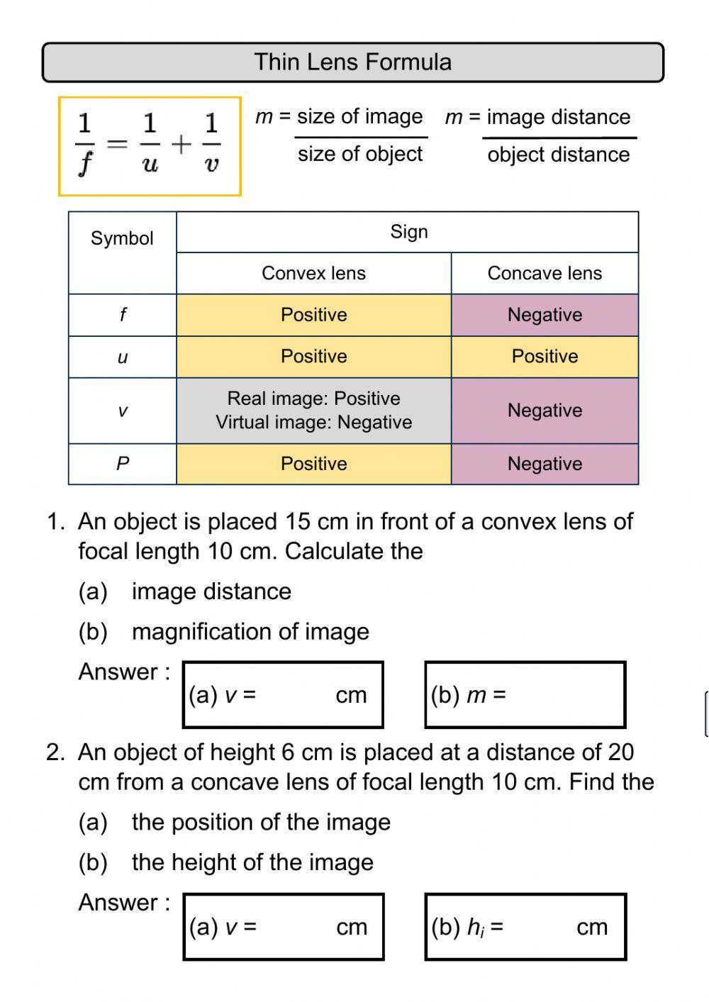 Thin Lens and Magnification Equations Worksheet Mastering Lens Optics