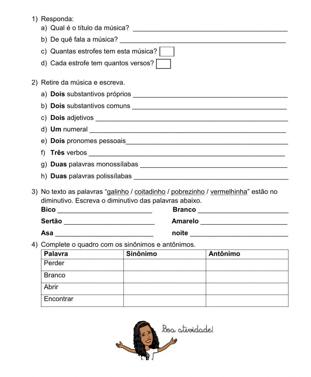 Atividade de revisão de  língua portuguesa