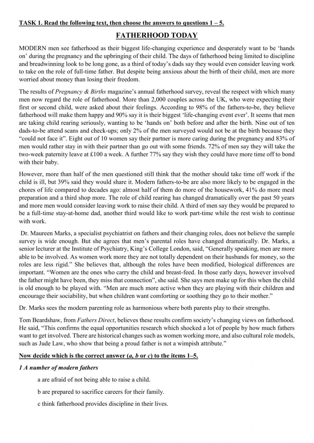 Home reading - FATHERHOOD TODAY