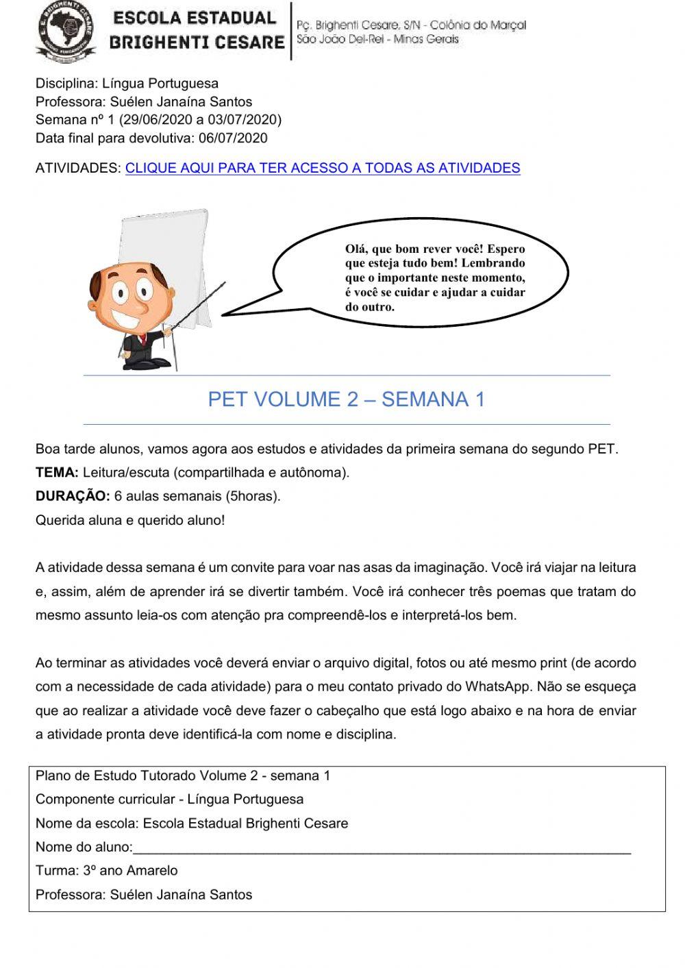 Atividades PET2 S1 Língua Portuguesa