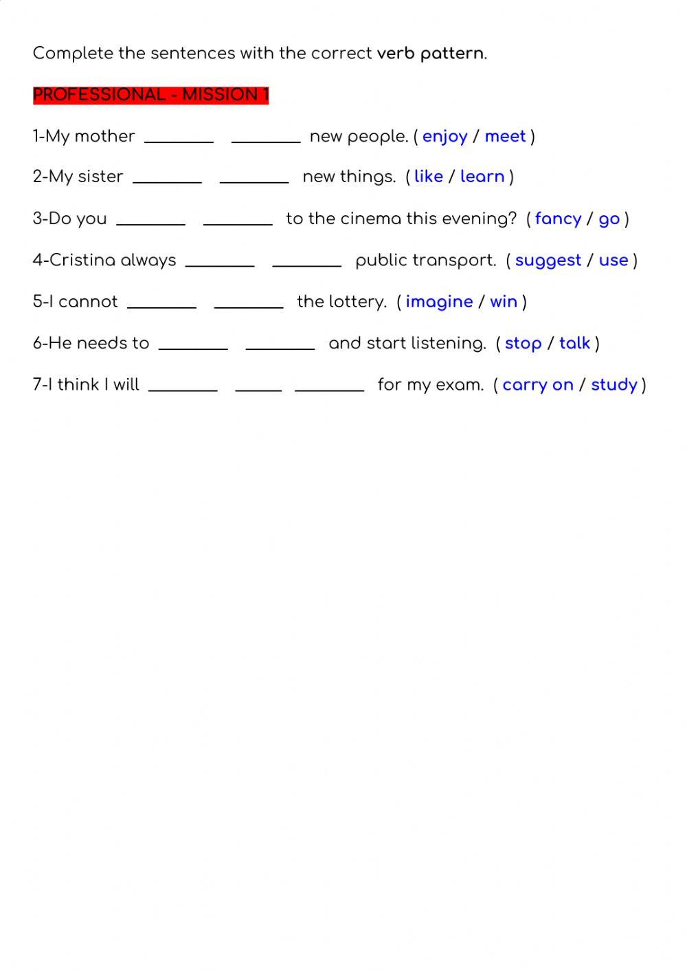 Verb patterns - PROFESSIONAL - MISSION 1
