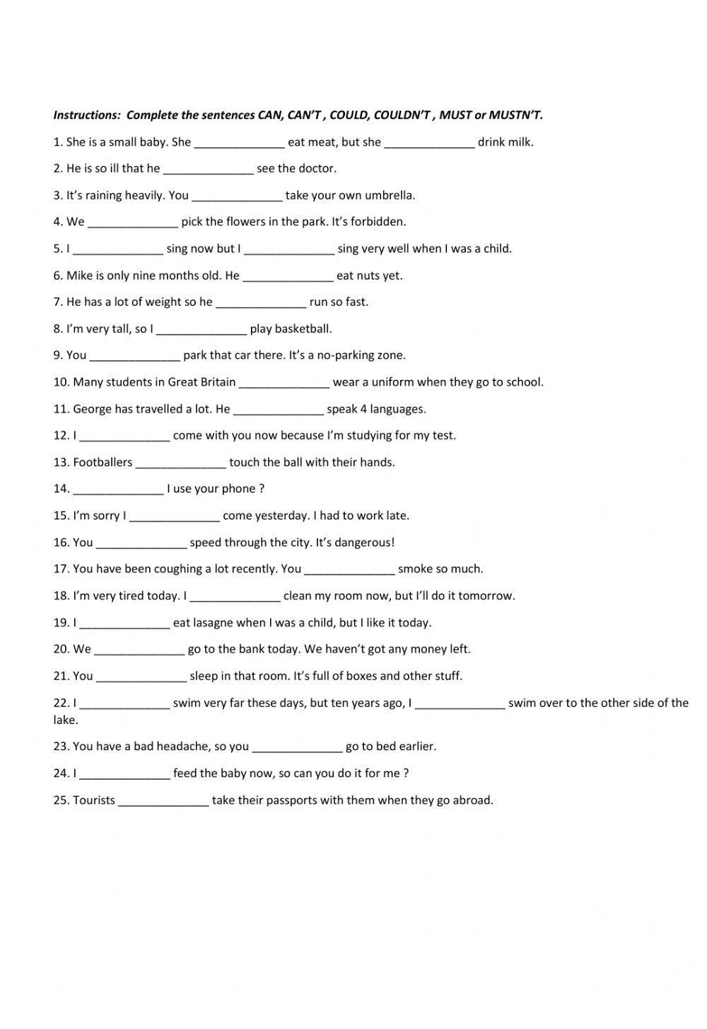 CAN, COULD, MUST and Negative Forms