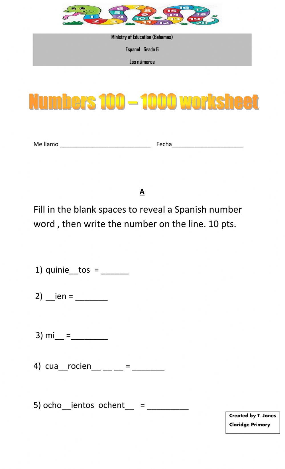 Numbers in Spanish 100 to 1,000 Level 2