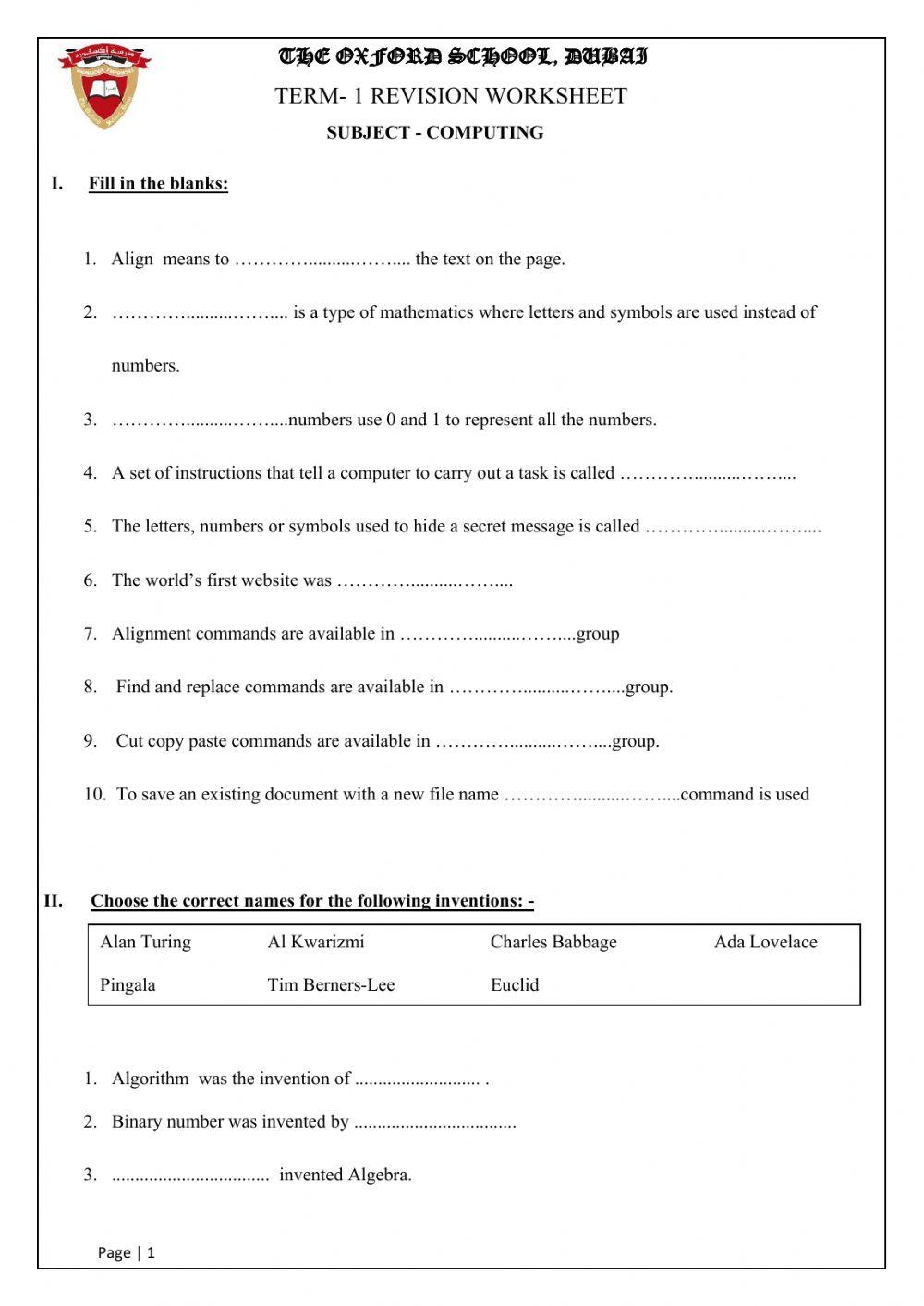 Computing Revision Worksheet