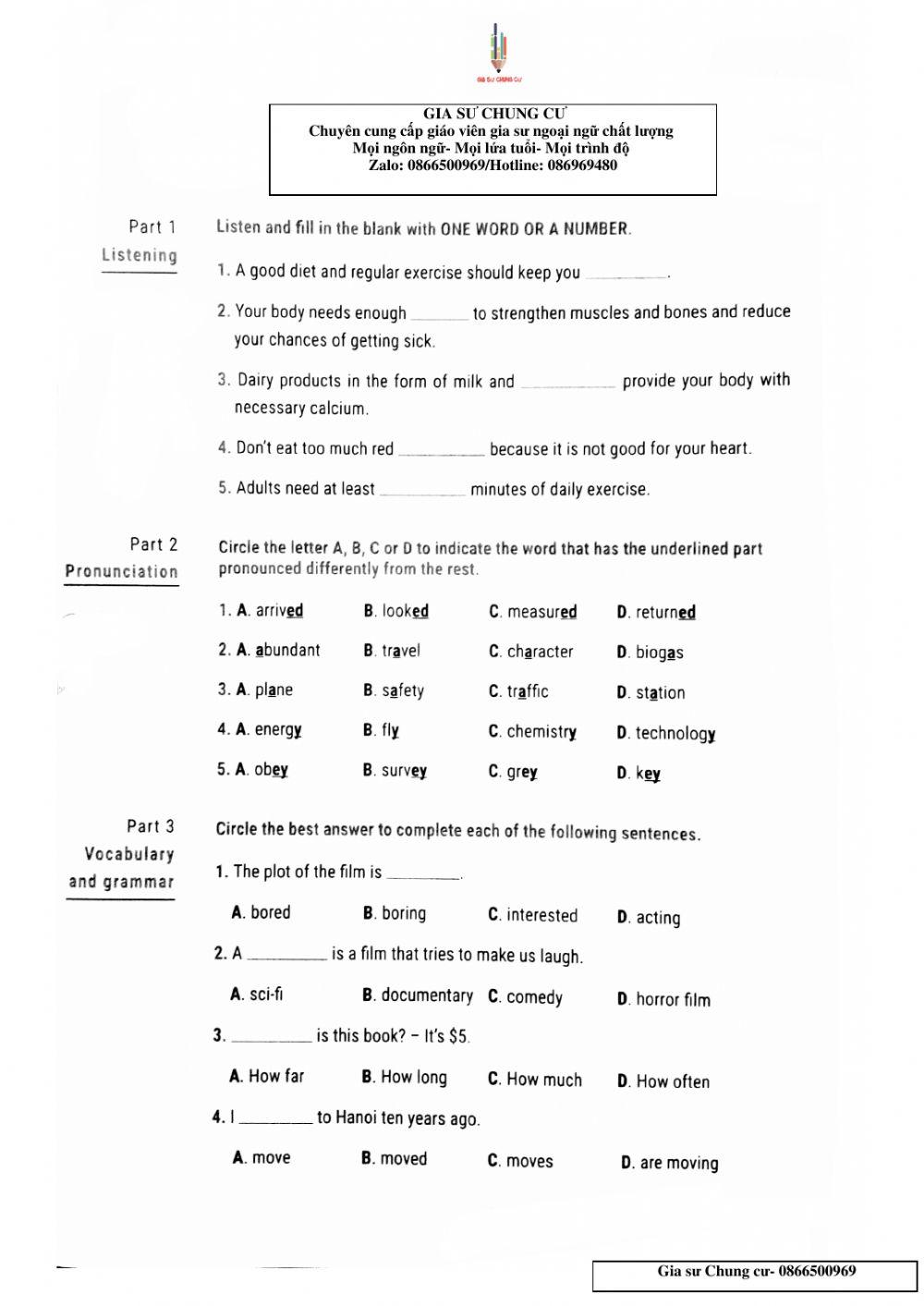 Lớp 7- Kiểm tra 45 số 1 test 28