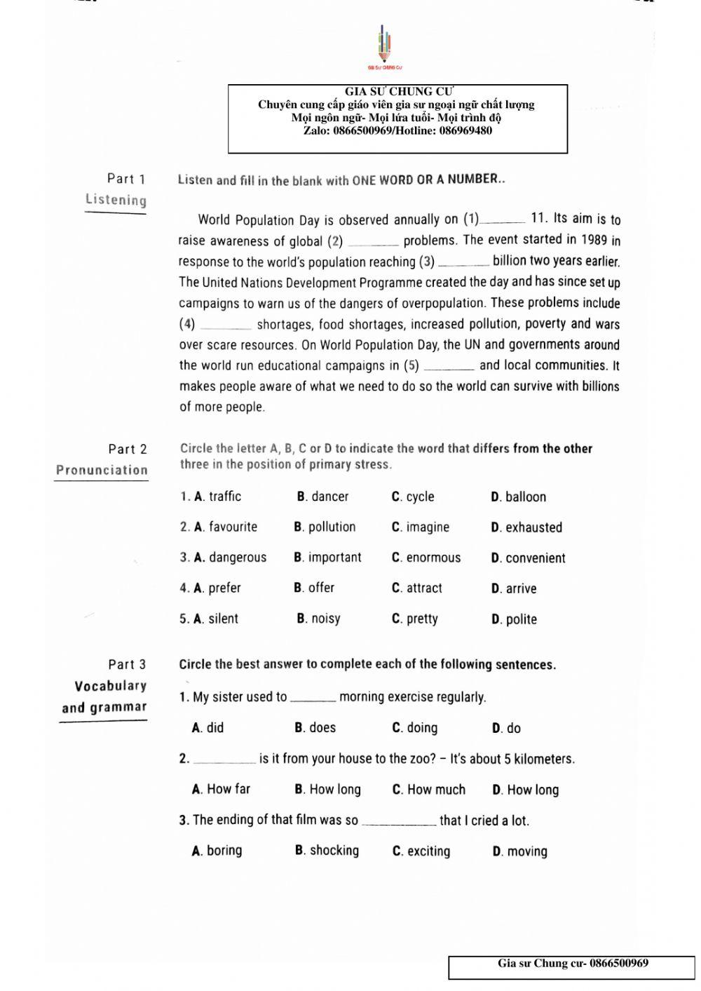 Lớp 7 - Bài Kiểm tra số 2 (Test 29)
