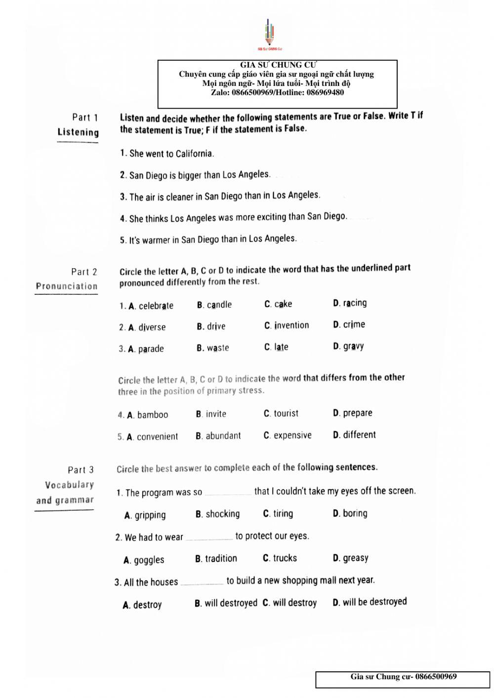 Lớp 7 - Bài kiểm tra số 3 (Test 30)