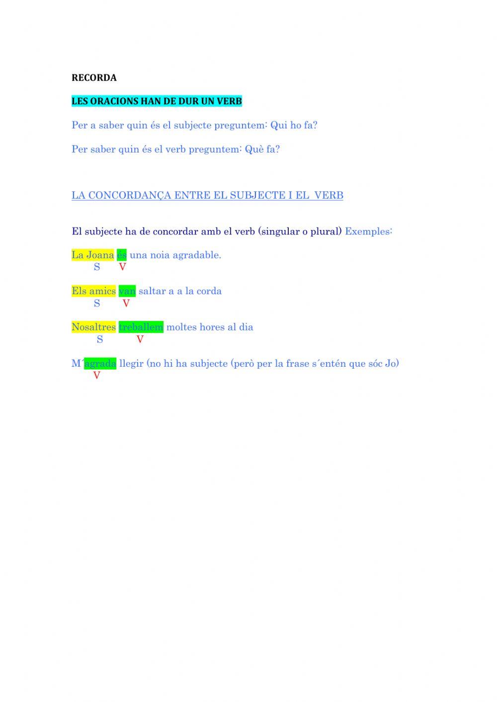 L- Oració. Subjecte i verb