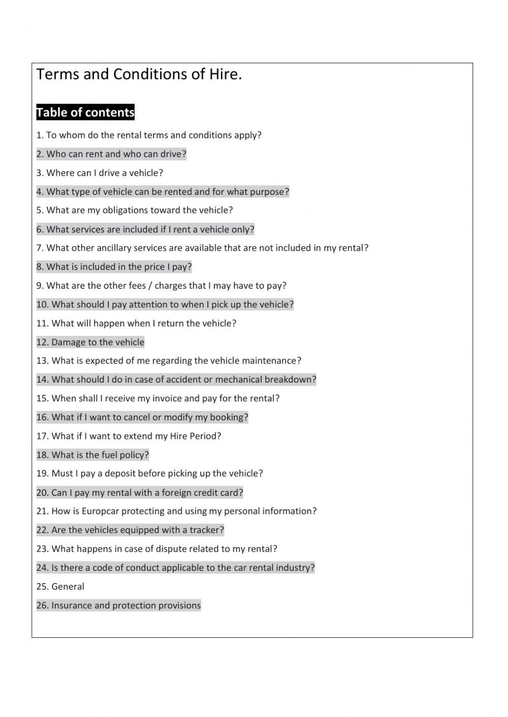 Terms and conditions of Hire