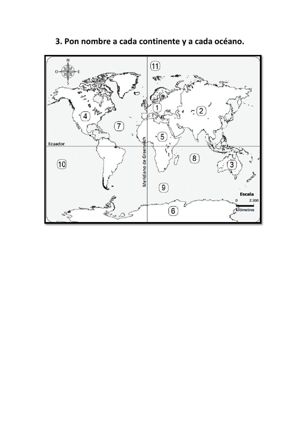 Mapa mundial mudo. Localiza continentes y océanos.