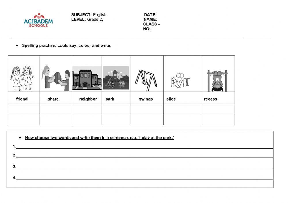Spelling Worksheet-grade 2 week 1