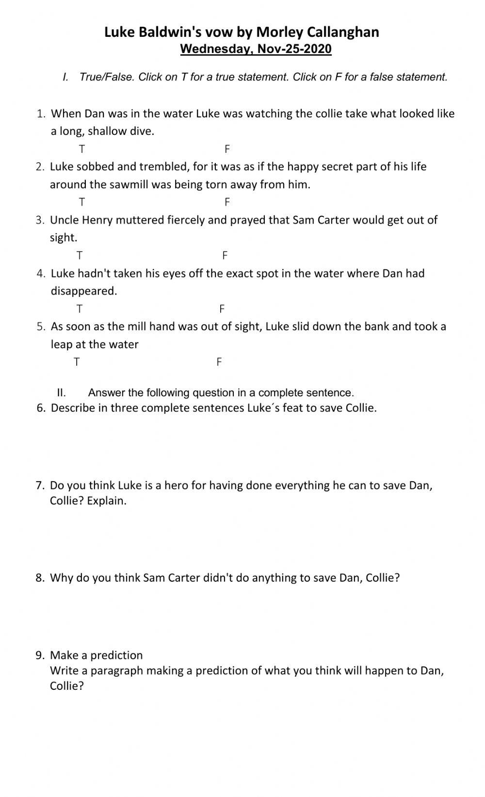 Luke Baldwin's vow by Morley Callanghan Wednesday, Nov-25-2020