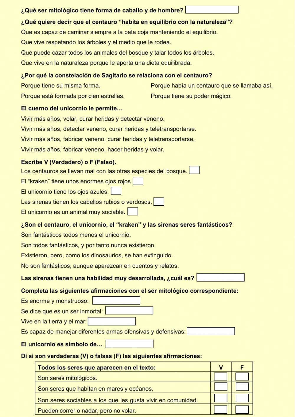 Comprensión escrita. Seres mitológicos