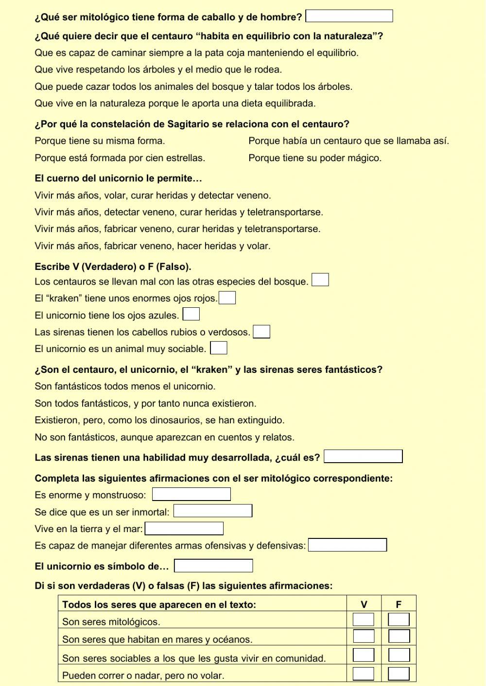 Comprensión escrita. Seres mitológicos