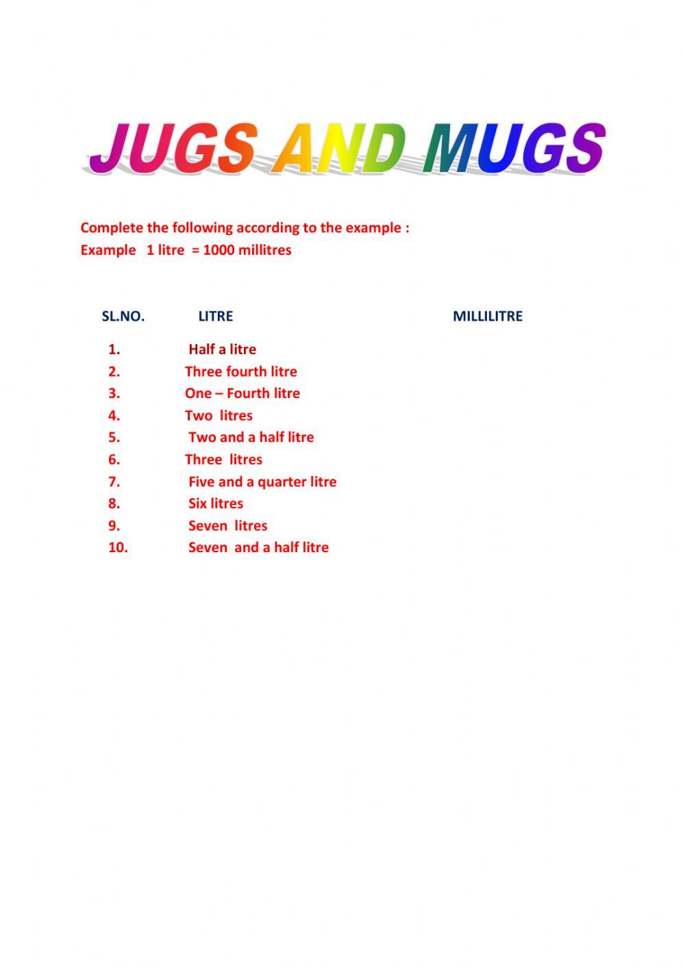 Jugs and mugs interactive worksheet Live Worksheets