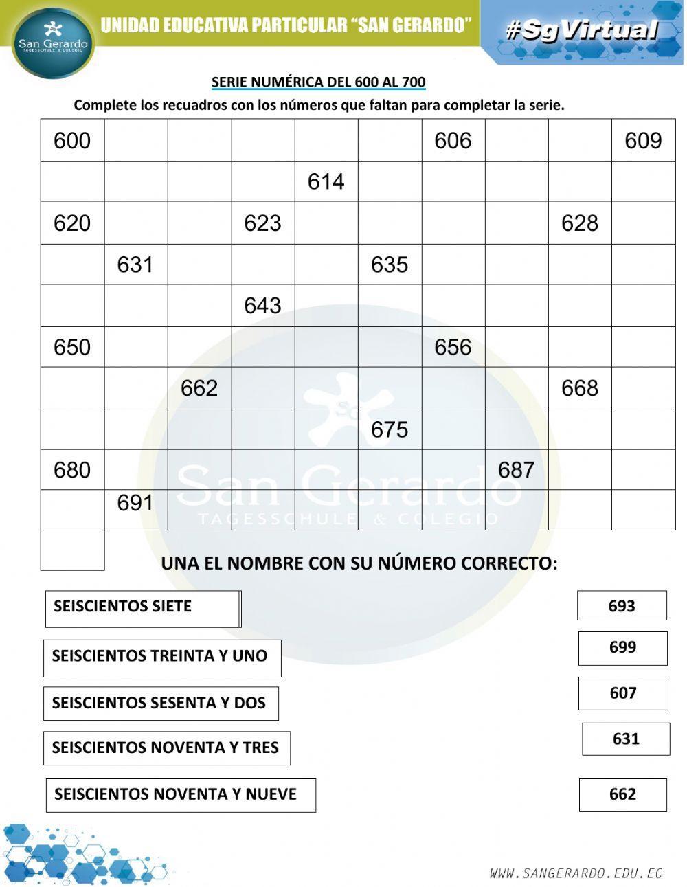 Serie numérica del 600 al 700