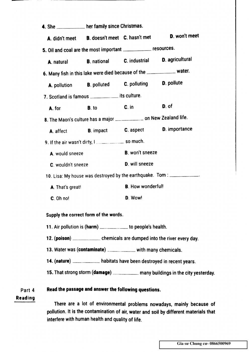 Lớp 8- Bài kiểm tra 45p( test 20)