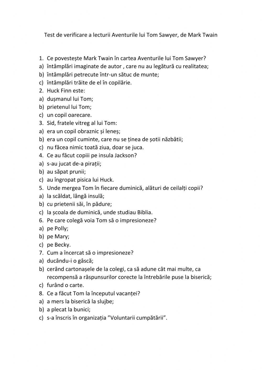 Aventurile lui Tom Sawyer, de Mark Twain