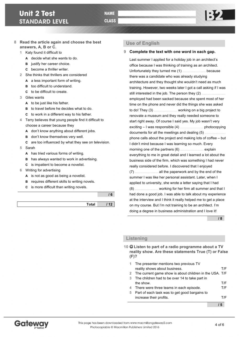 Gateway B2 Unit Test 2 Online Exercise For | Live Worksheets