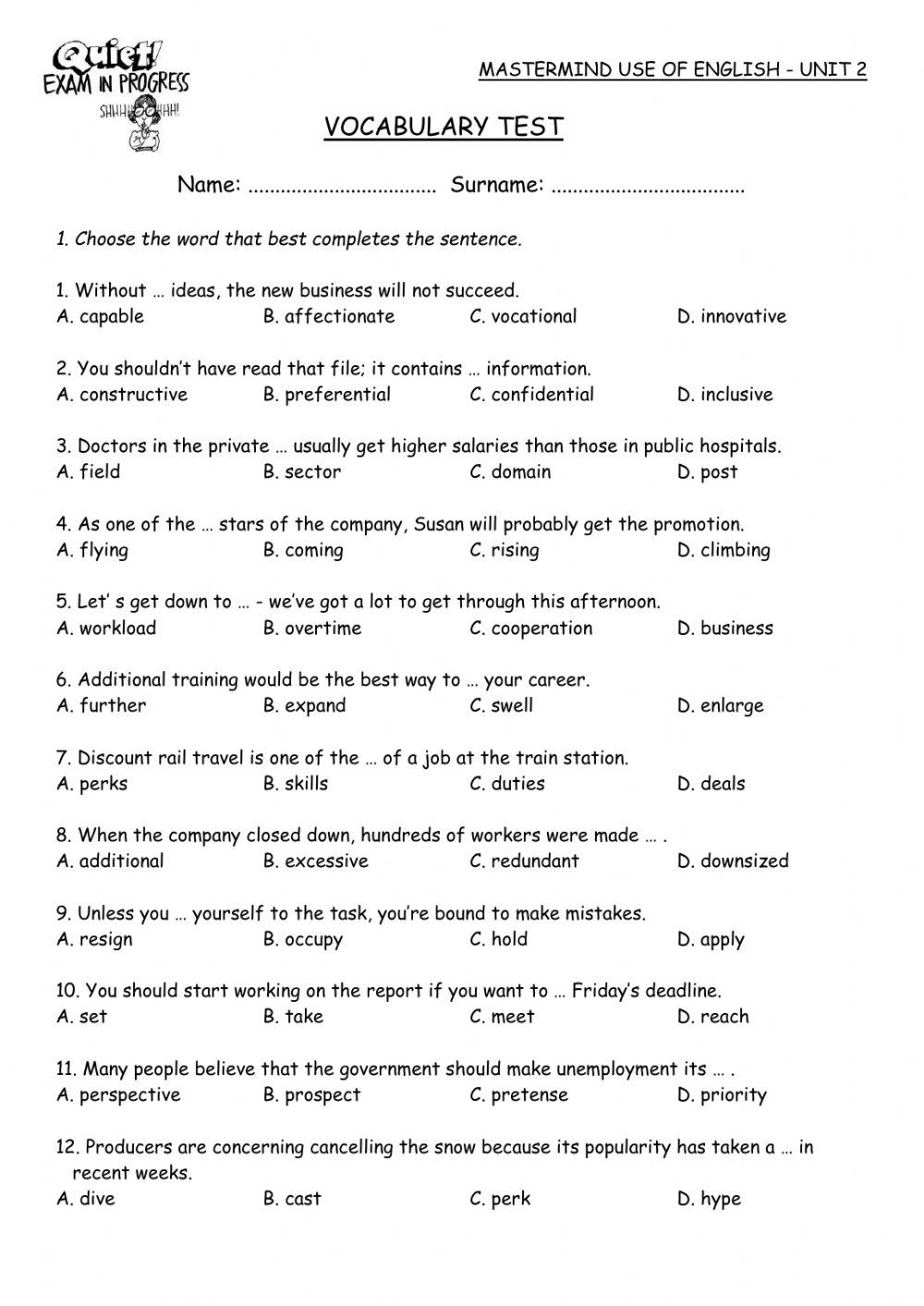 Mastermind Unit 2 Vocabulary Test