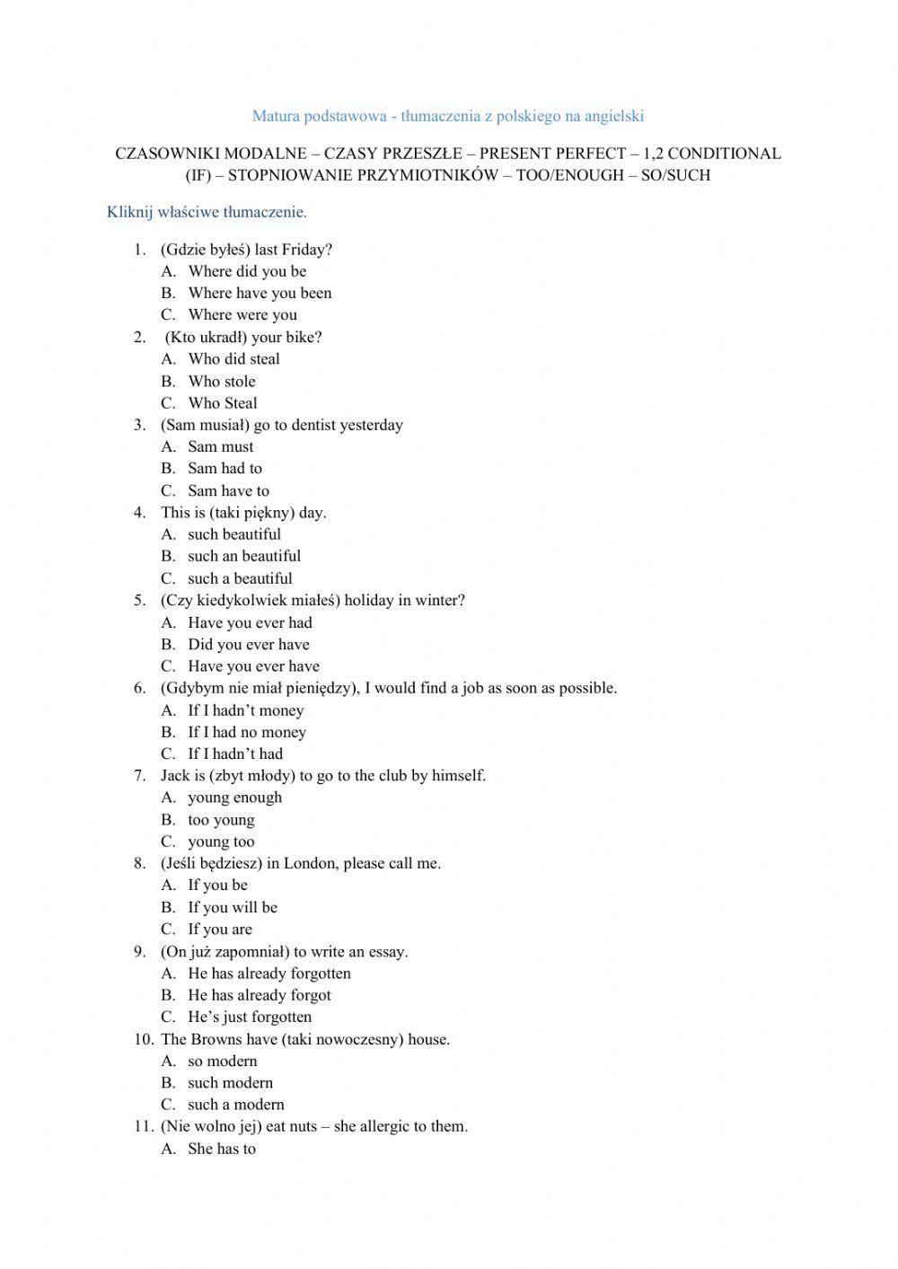 Matura podstawowa - tłumaczenia