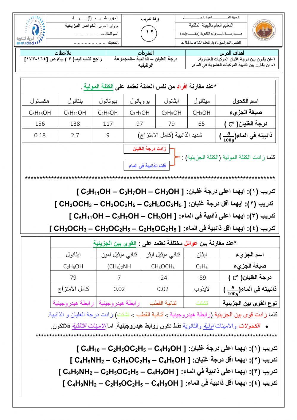 الخواص الفيزيائية الكانات وايثرات و امينات و الكحول