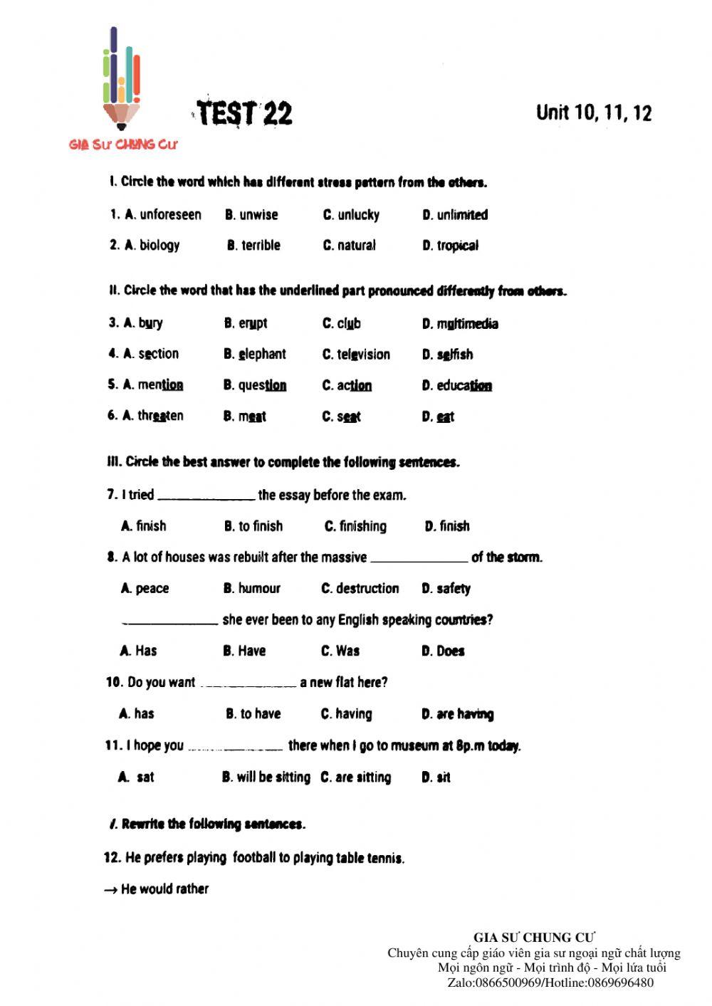 Lớp 8- Bài kiểm tra 15 phút( test 22)