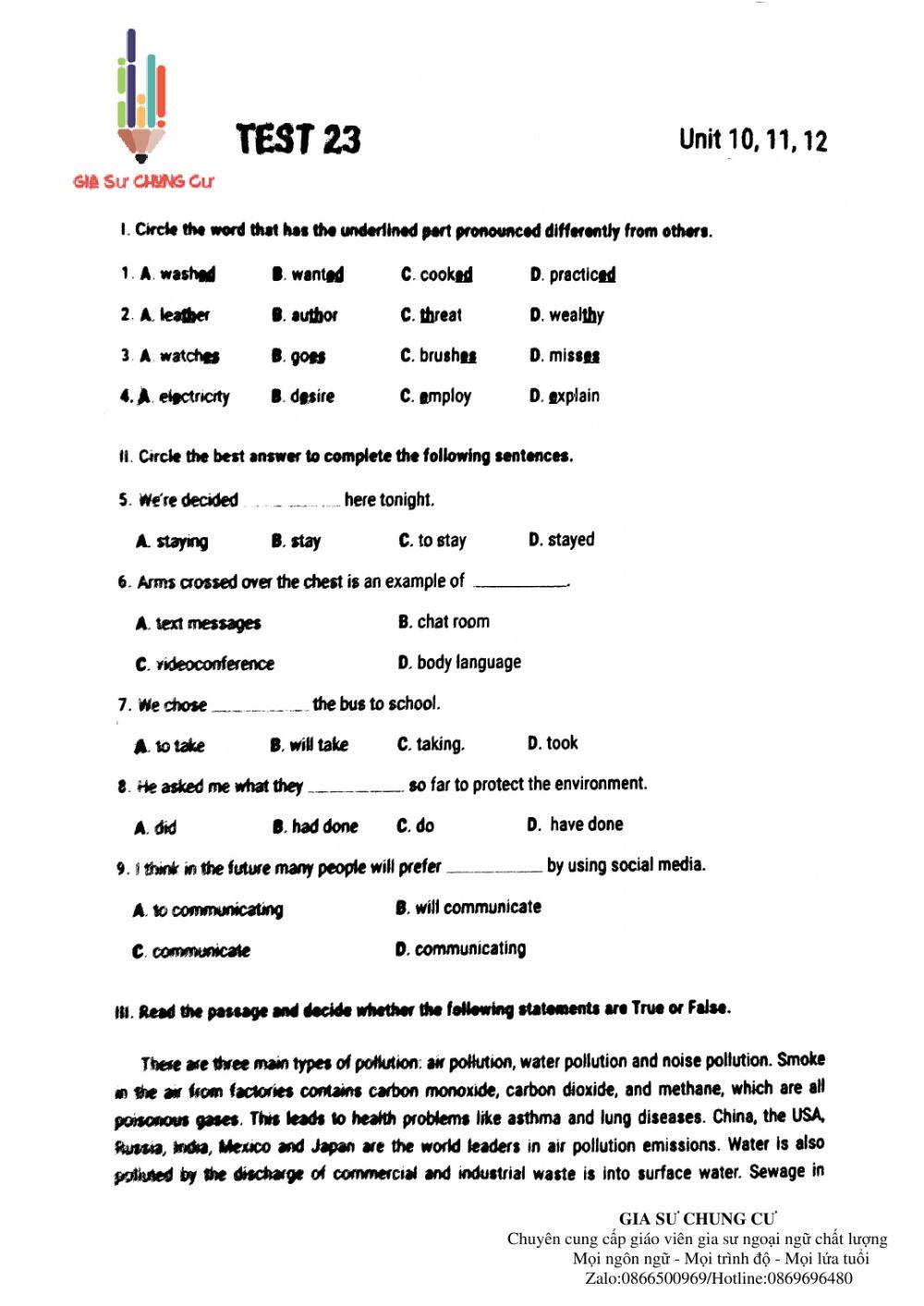 Lớp 8- Bài kiểm tra 15 phút( test 23)