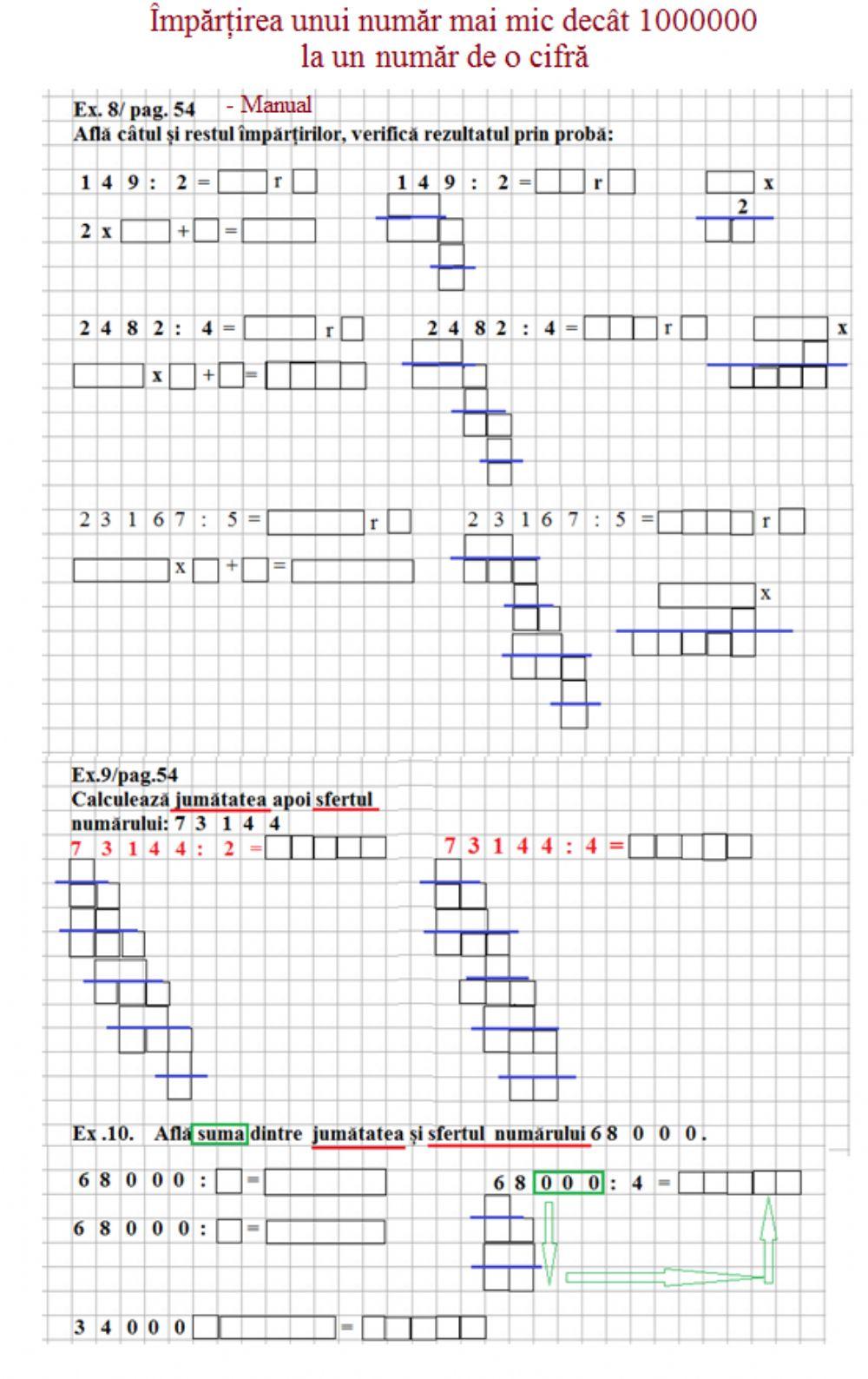 Fășă aplicații-Împărțirea numerelor mai mici decât 1000000-manual