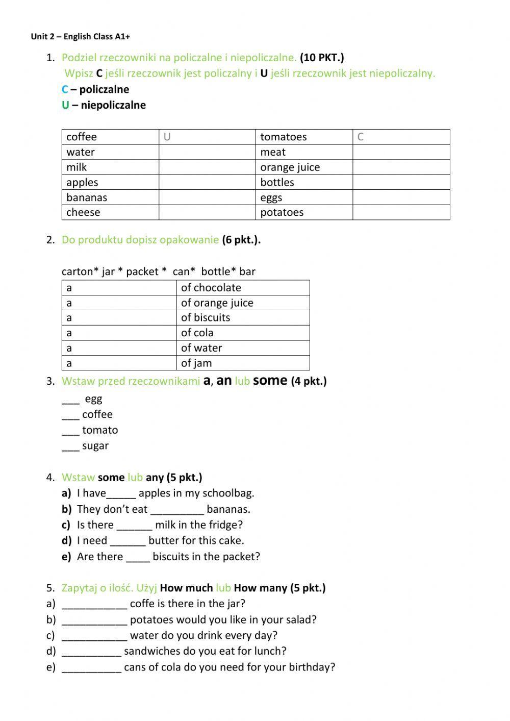 Unit 2 English Class A2 short test