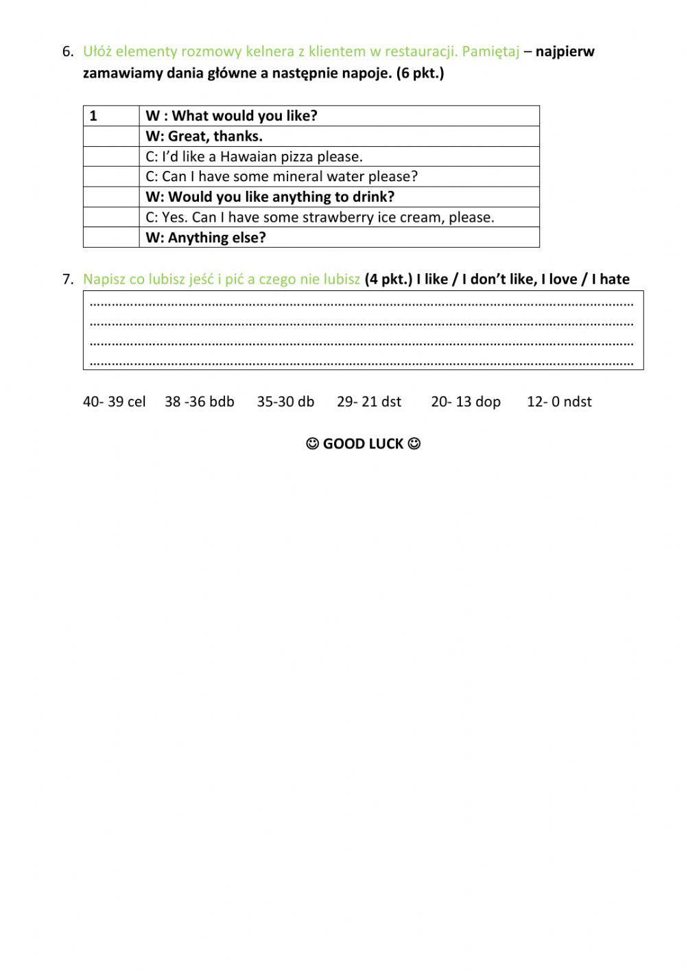 Unit 2 English Class A2 short test