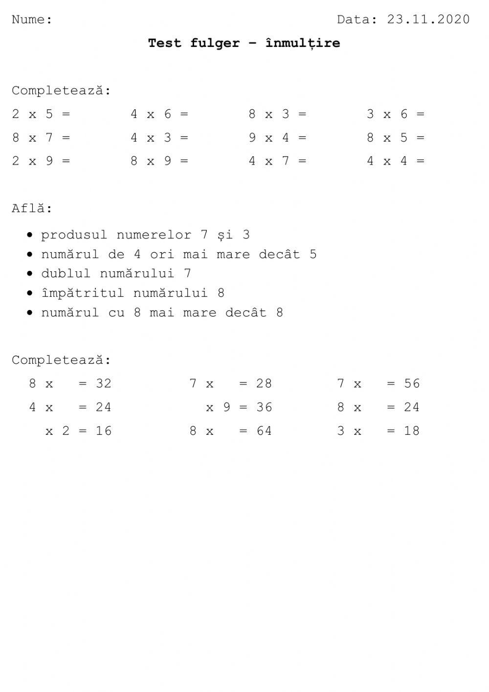 Test fulger - Inmultirea (cu 2, 4, 8)