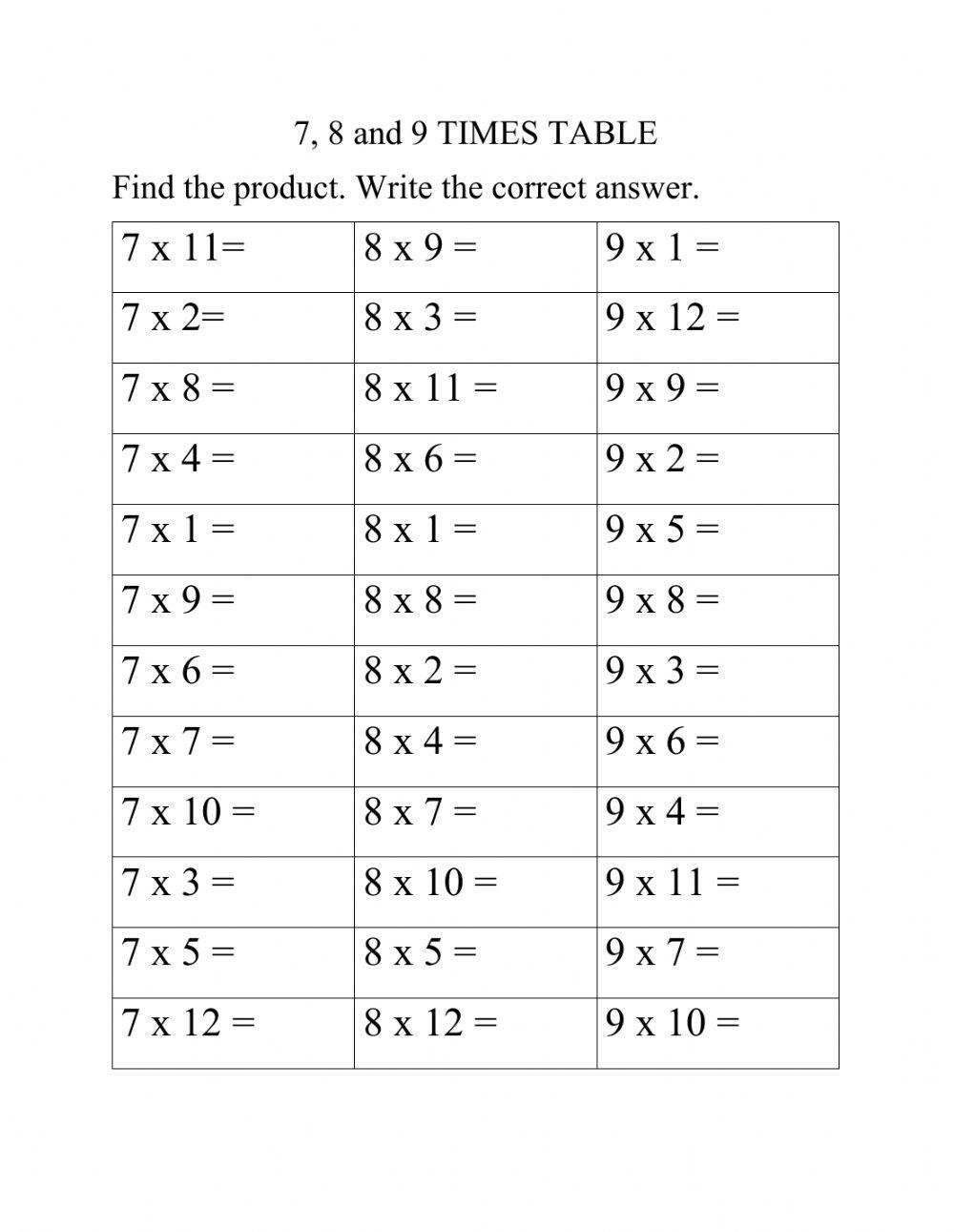 7, 8 and 9 times table