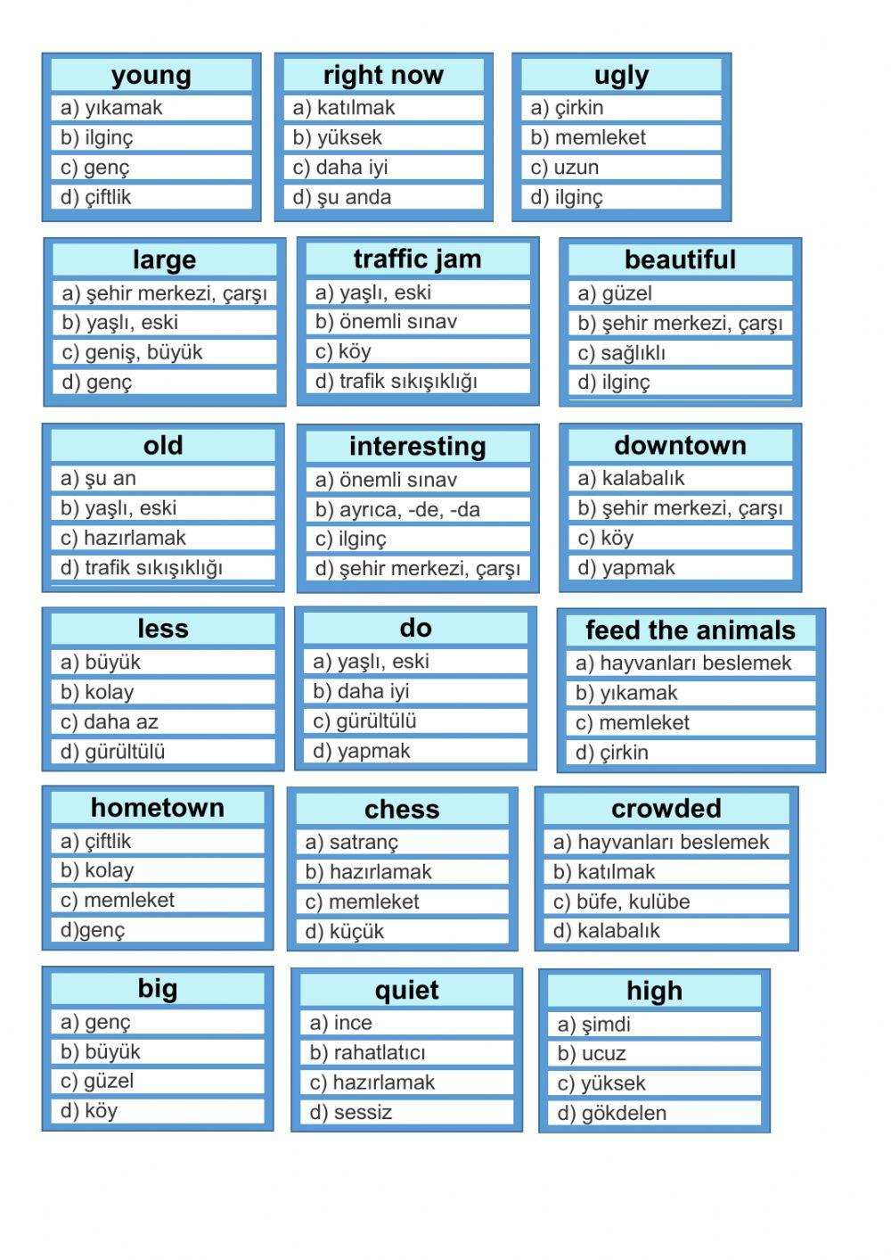 6.sınıf 3.ünite downtown kelime testi