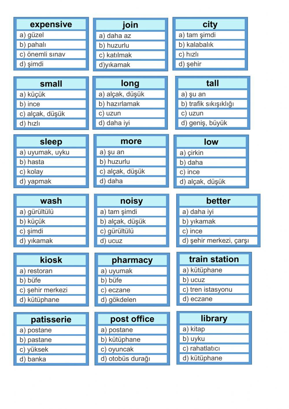 6.sınıf 3.ünite downtown kelime testi