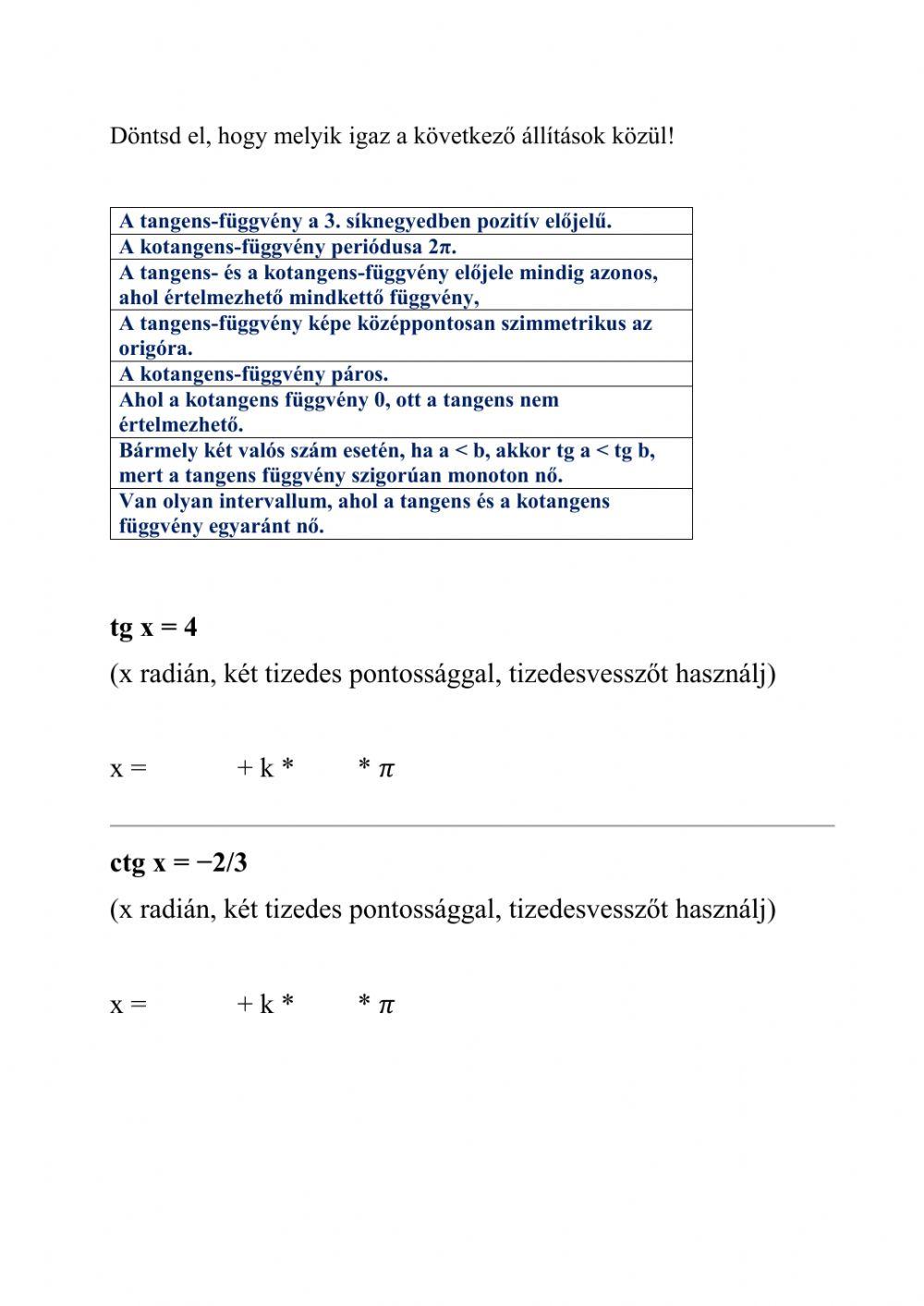 Trigonometrikus függvények tulajdonságai 2
