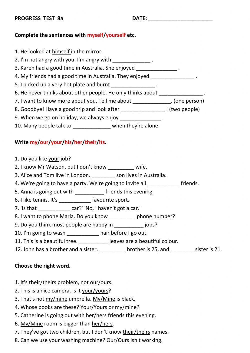 Progress Test  Class 8