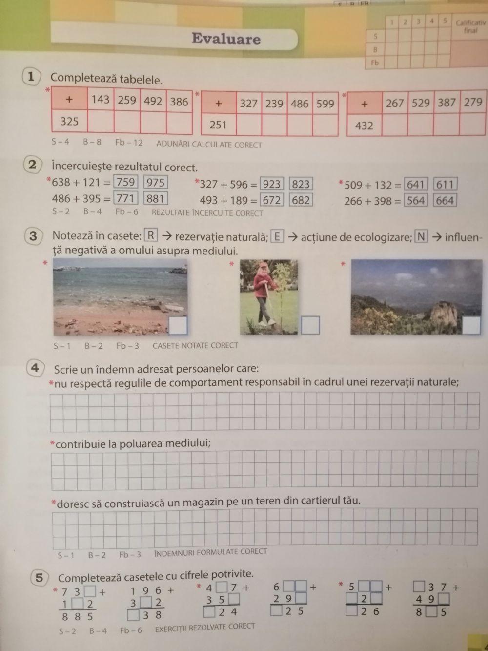 Evaluare - Adunarea nr nat 0 - 1000, cu trecere peste ordin