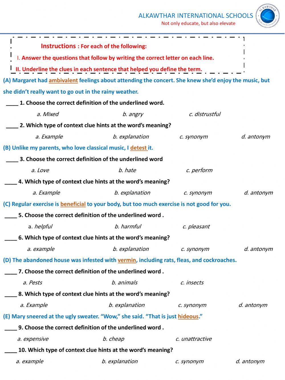 Context clues online pdf worksheet | Live Worksheets