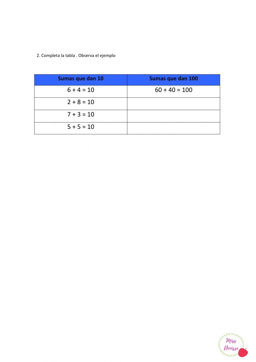 Actividad sumas cuyo resultado es 100