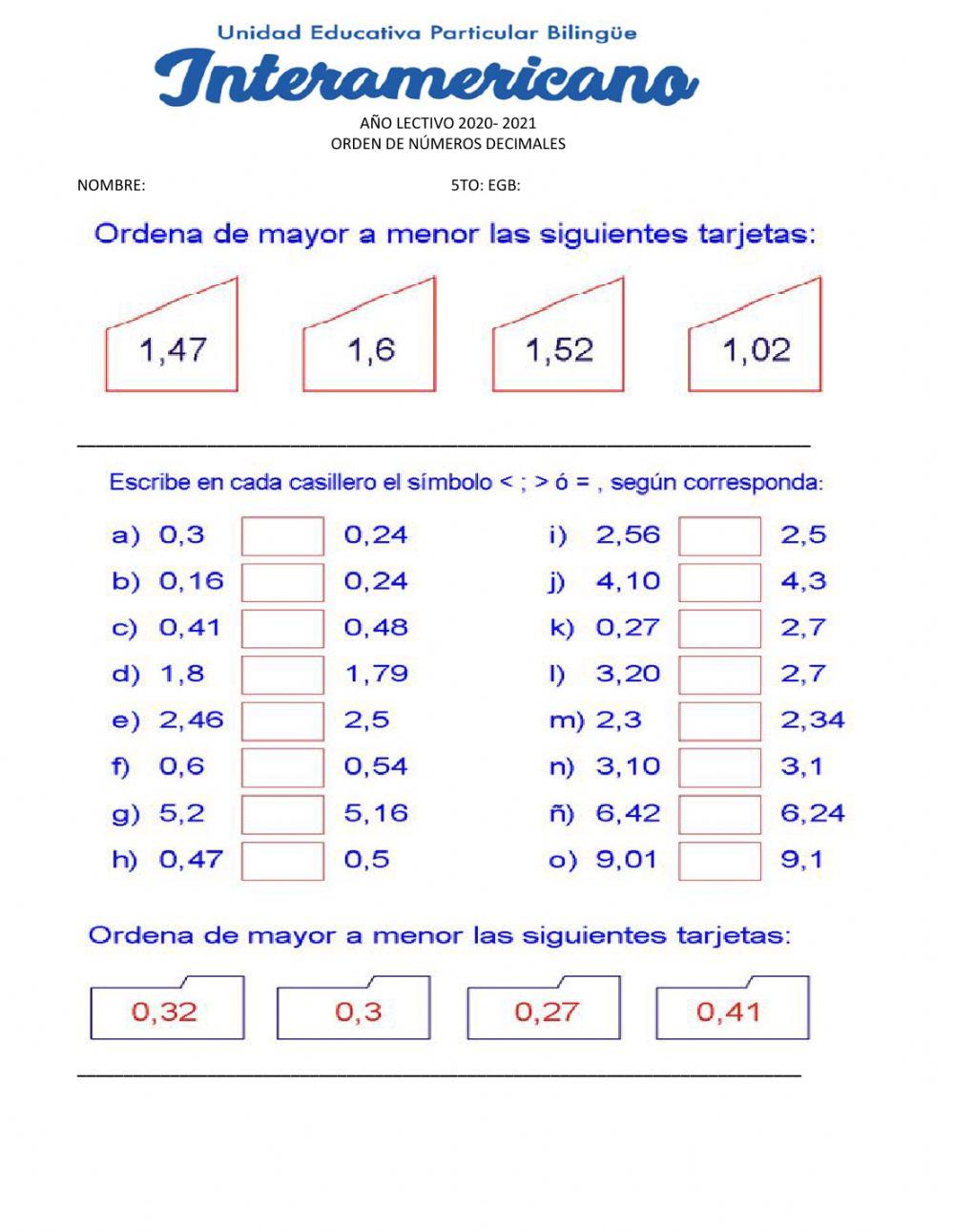 Orden de números decimales