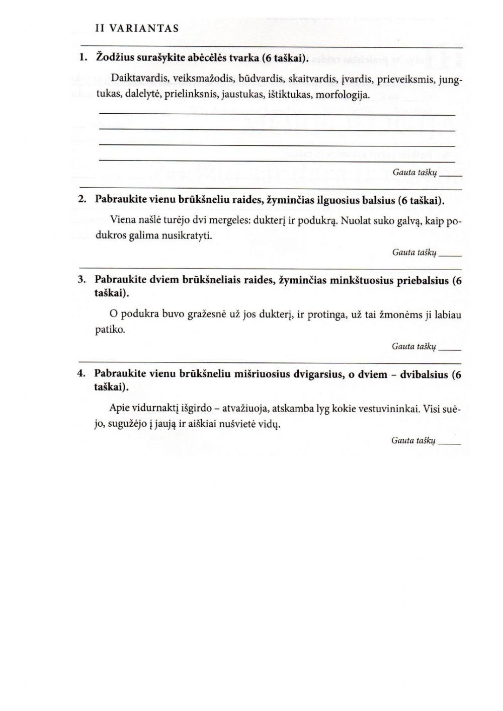 Kontrolinis darbas 5 kl. Fonetika ir kirčiavimas