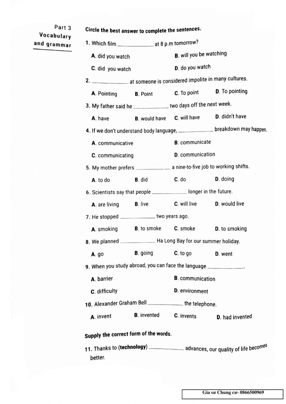 Lớp 8 - Kiểm tra 45 phút lần 2 Unit 10,11