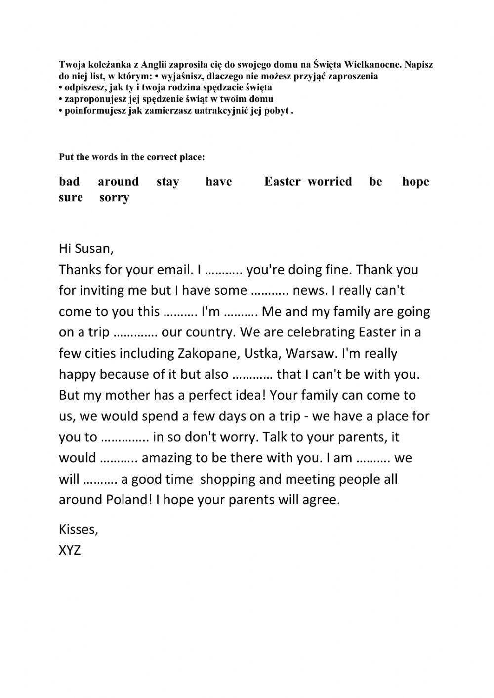 Email about an invitation for Easter