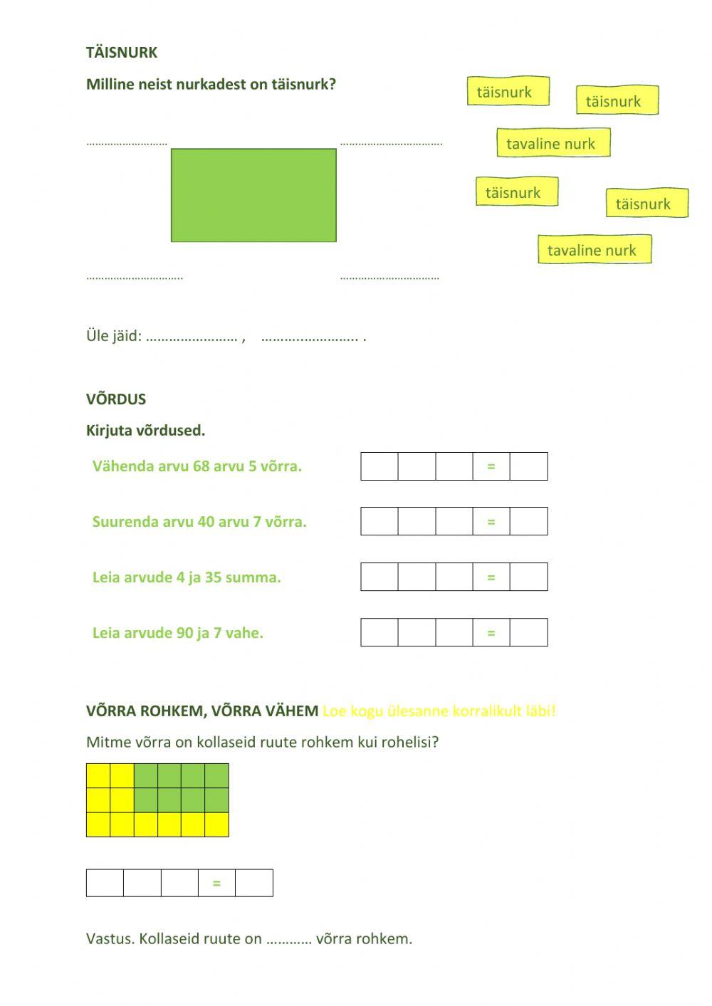 Täisnurk, võrduse koostamine, võrra rohkem