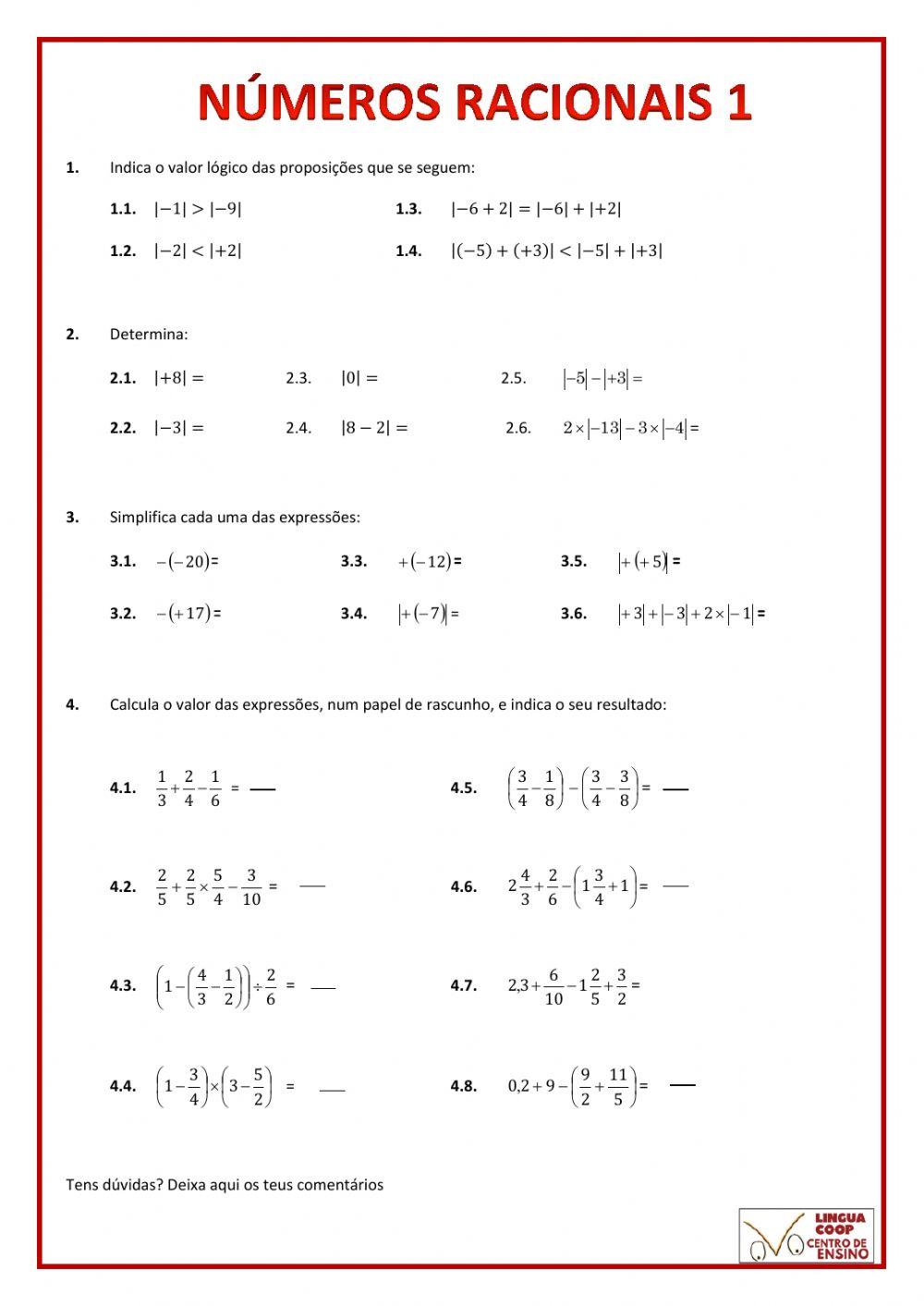 N meros racionais 1 worksheet descubra slots br
