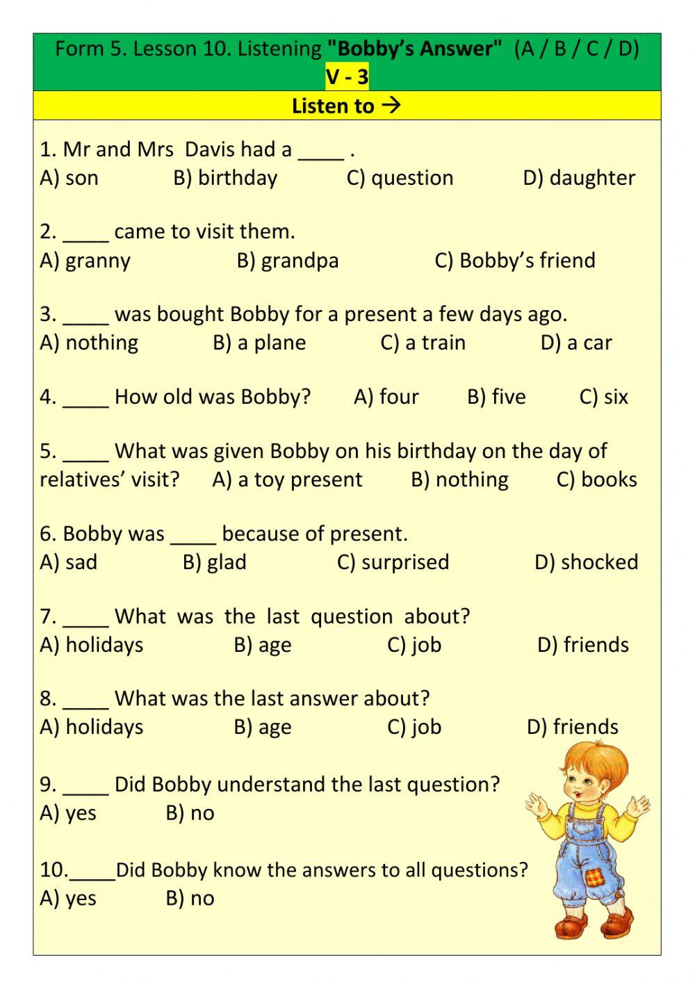 Form 5. Lesson 10. Listening -Bobby’s Answer-. V-3