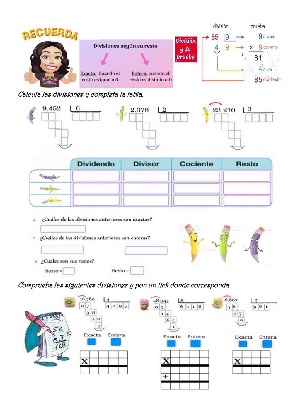 Divisiones enteras y exactas. Prueba de la división