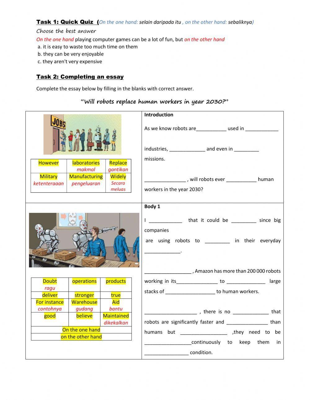 Writing: Will robots replace human workers in year 2030?