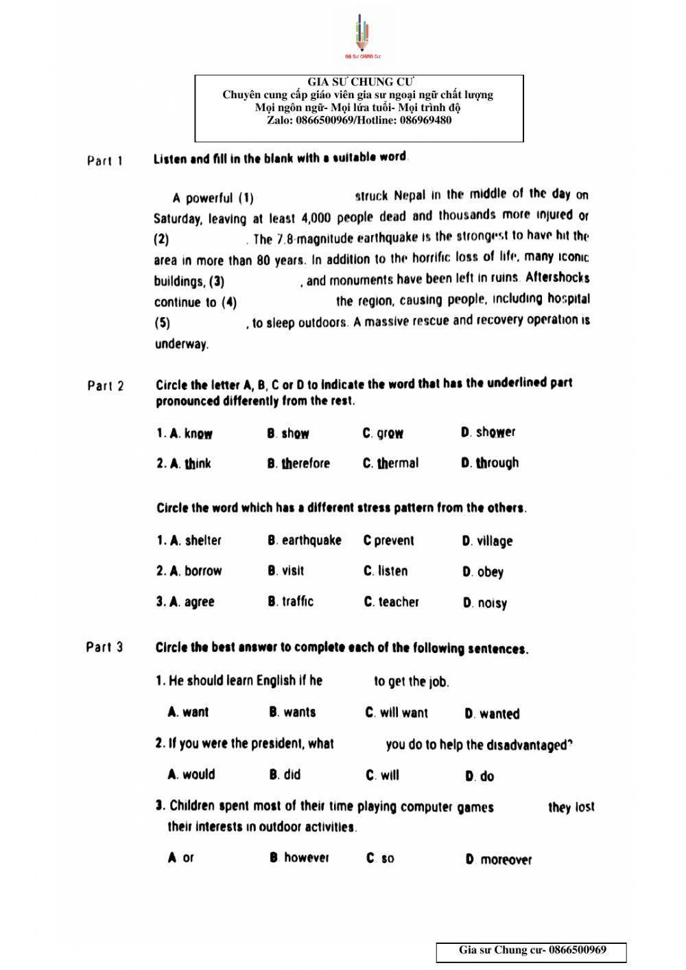 Lớp 8- HK2- Test 3